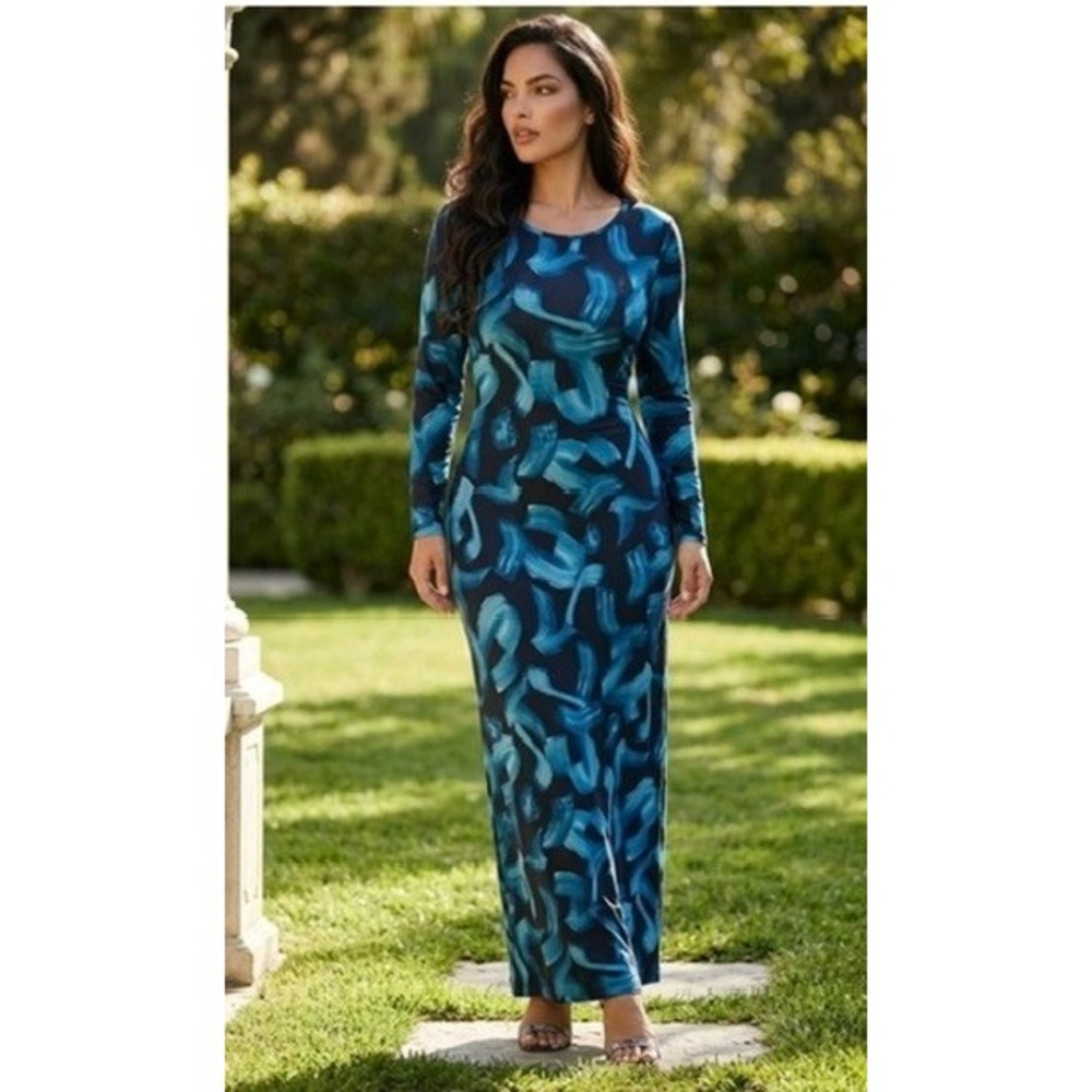 Chico's Column Knit Brushstroke Maxi Dress Striking Teal Abstract NWT 2 L 12 NEW